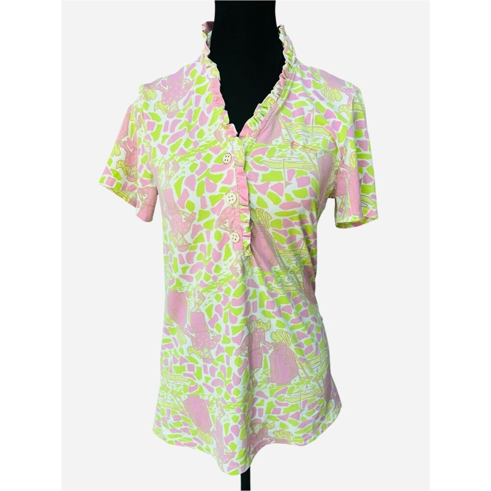 Miss Maude Fun Golf Print Catalina Cloth Top Size Small Lime Pink Resort Wear